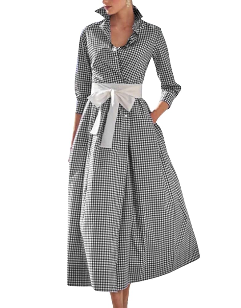 chouyatou Women's Retro Plaid Button Up Maxi Shirt Dress 3/4